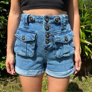 Blue High Waist Denim Shorts with Cuffed Hem